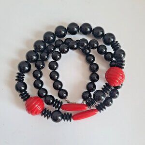 Vintage Art Deco Style Black Red Round Plastic Beads Necklace Geometric 30" Long